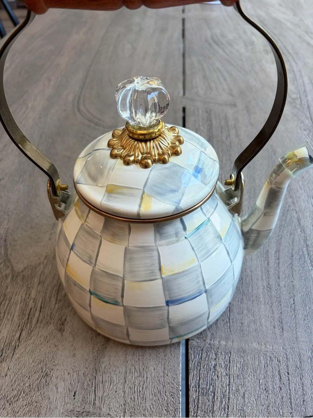 MacKenzie-Childs Sterling Check Enamel Tea Kettle 3 Quart - NEW without box